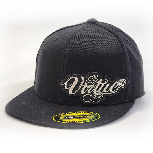 Old School Find - Virtue Script Logo - Flat Brim Fitted Hat - 6 7/8" - 7 1/4" - Black