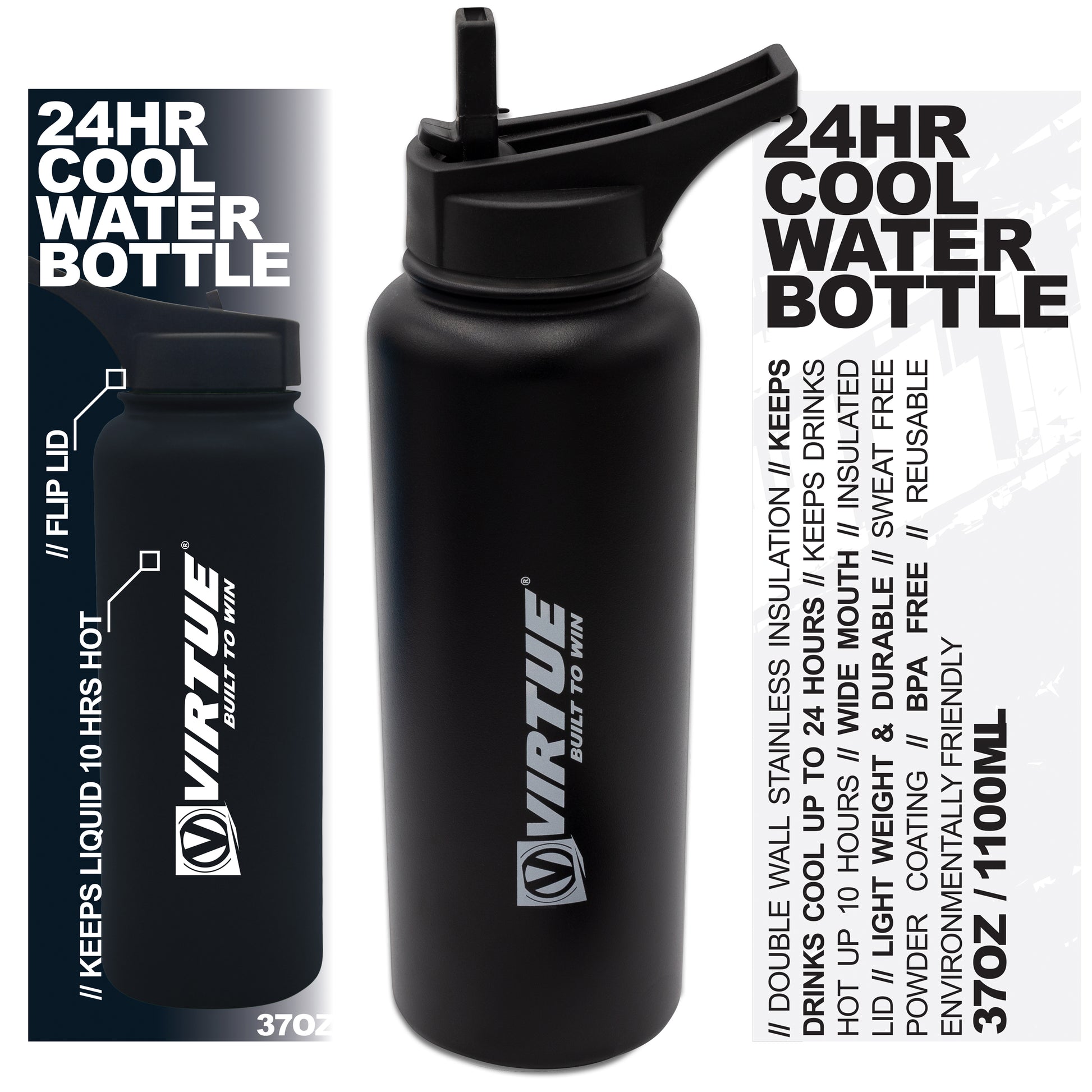 22oz Black Flip Straw Reusable Water Bottle BpA Free