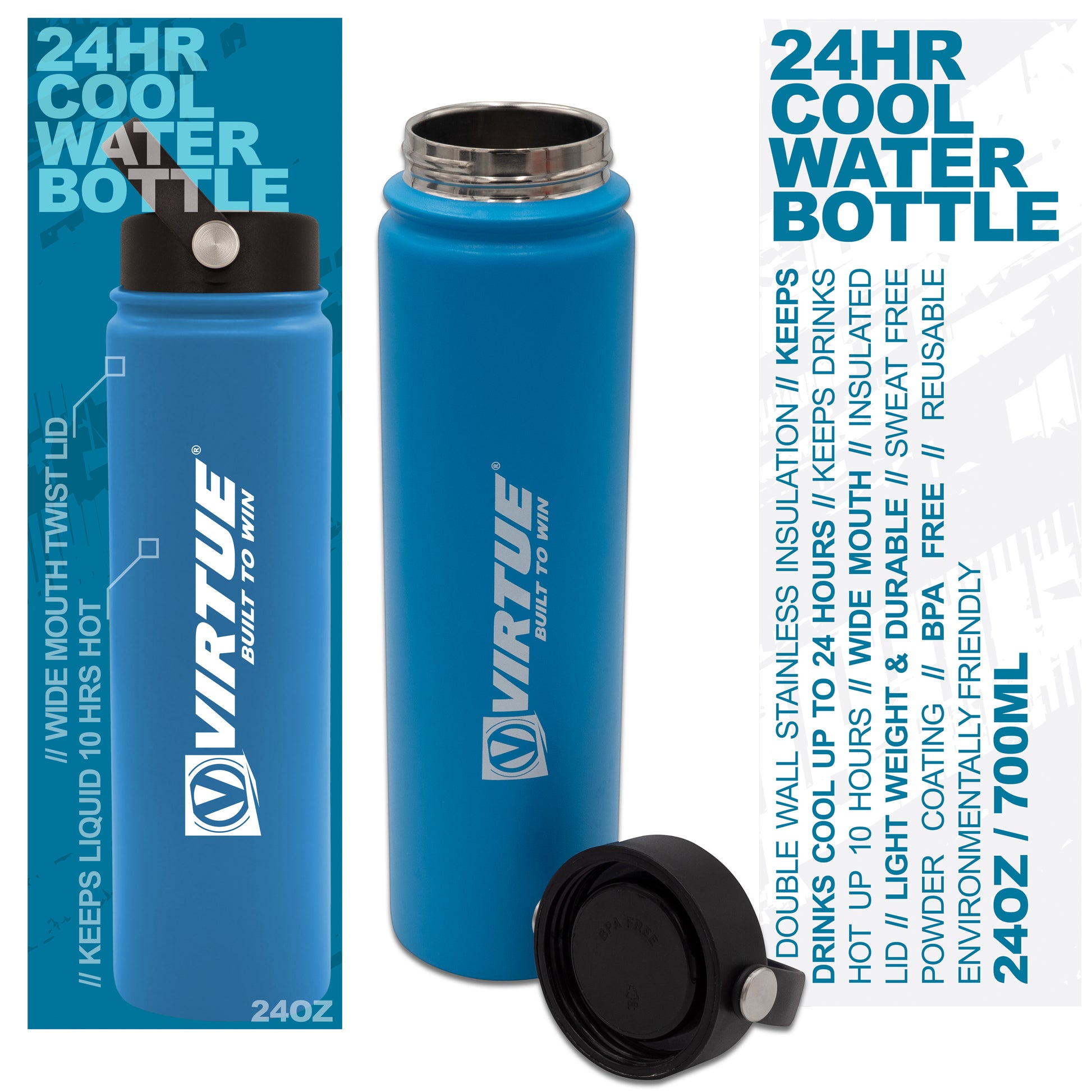 Water Bottles, Blue Virtue Stainless Steel 24Hr Cool Water Bottles –