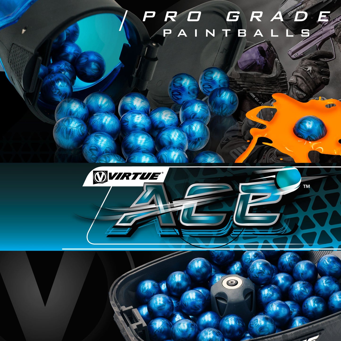 Virtue Ace Paintballs - Blue V-Logo Shell / Orange Fill - 1 Case